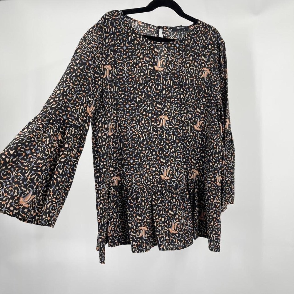 Madewell 100% Silk Paisley Bell Sleeve Peasant Blouse Oversized Renaissance XS